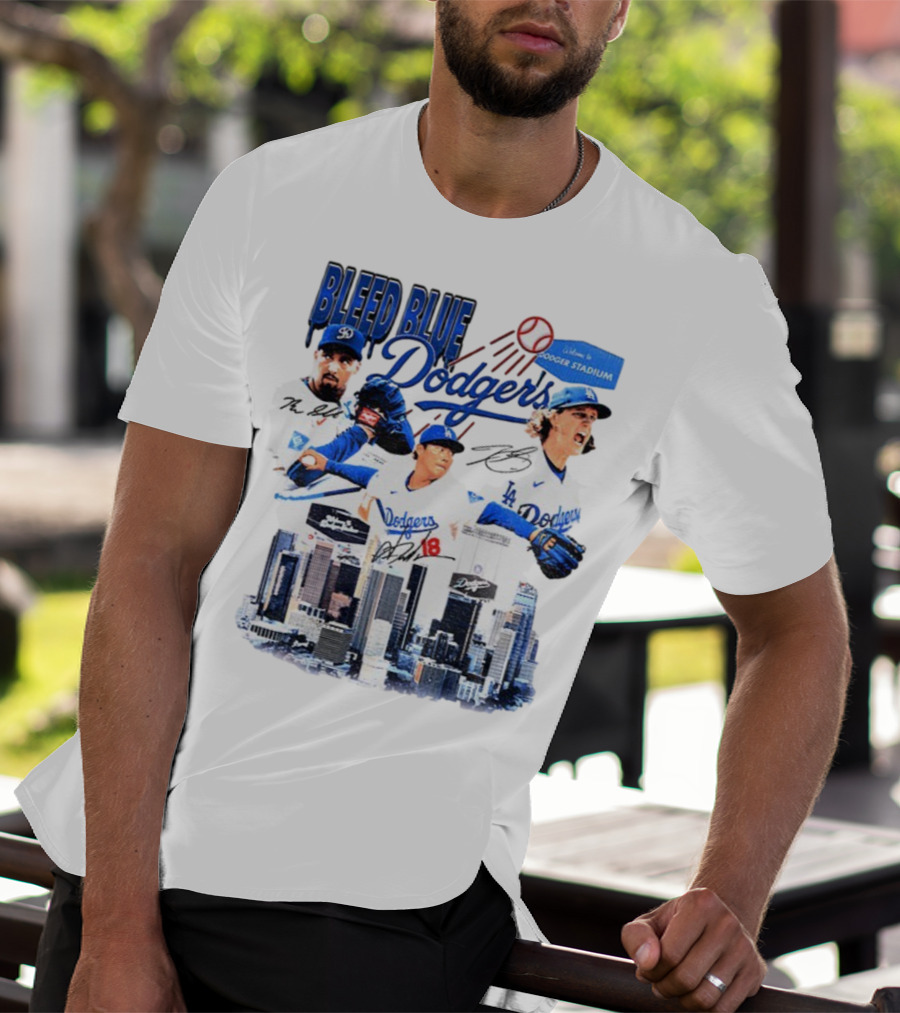 Bleed Blue Dodgers Shohei Ohtani Mookie Betts Yoshinobu Yamamoto Los Angeles Signatures Dodger Stadium T-Shirt