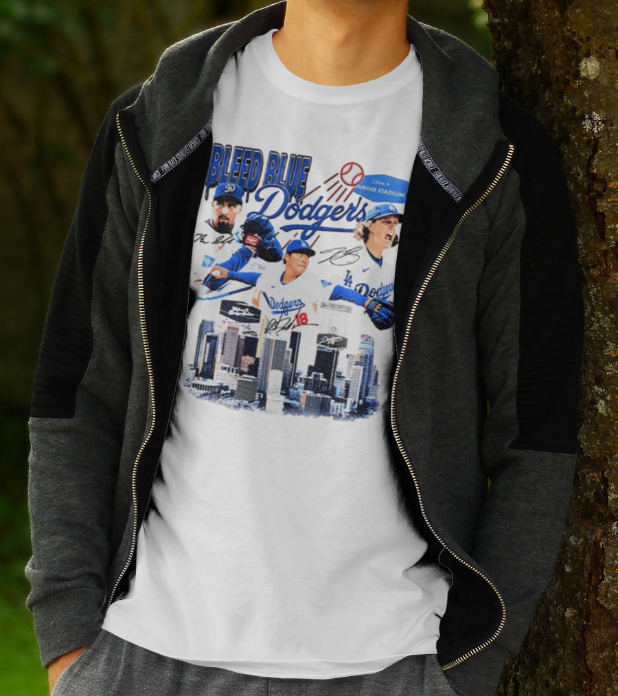 Bleed Blue Dodgers Shohei Ohtani Mookie Betts Yoshinobu Yamamoto Los Angeles Signatures Dodger Stadium T-Shirt