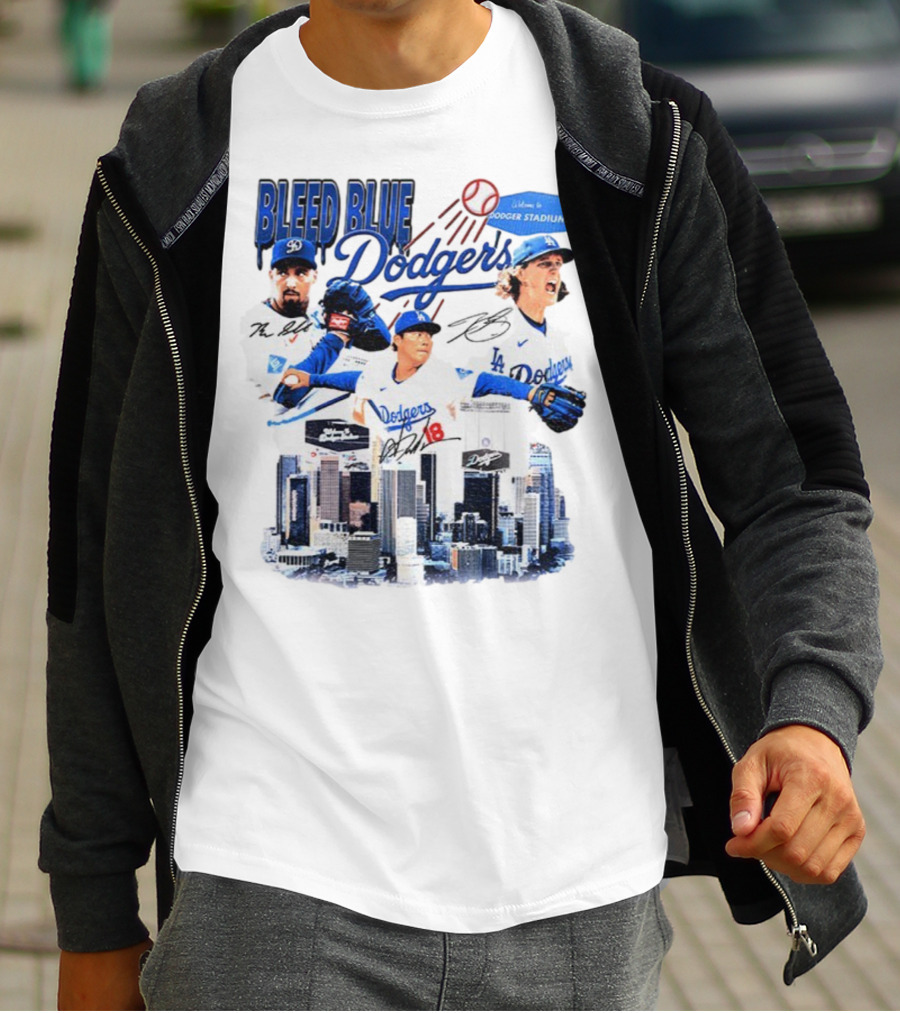 Bleed Blue Dodgers Shohei Ohtani Mookie Betts Yoshinobu Yamamoto Los Angeles Signatures Dodger Stadium T-Shirt
