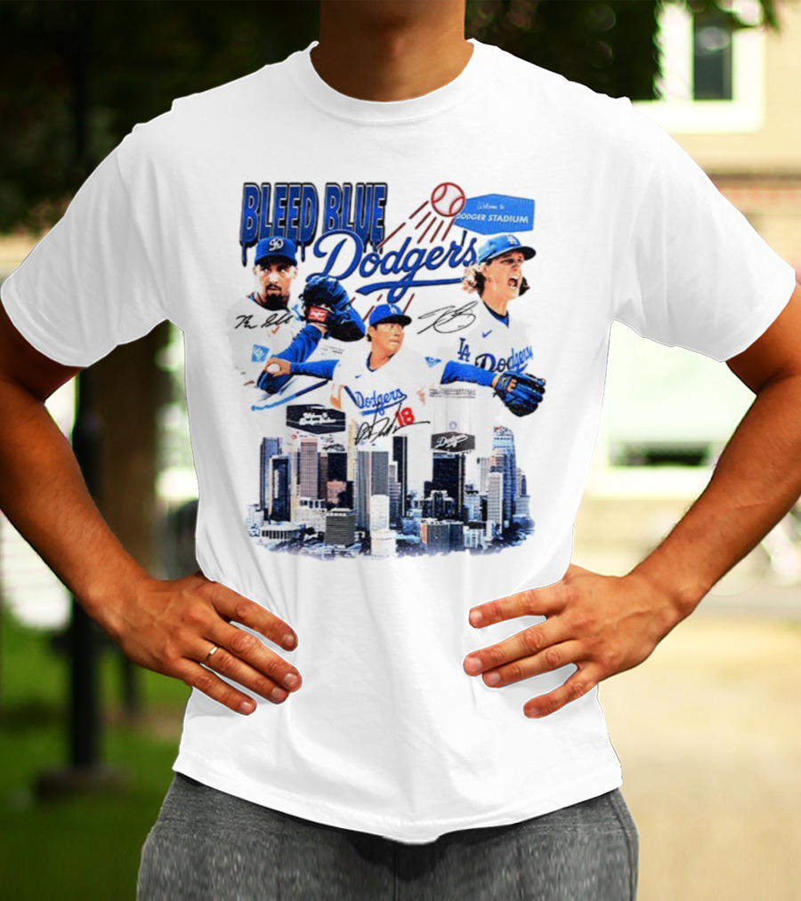 Bleed Blue Dodgers Shohei Ohtani Mookie Betts Yoshinobu Yamamoto Los Angeles Signatures Dodger Stadium T-Shirt