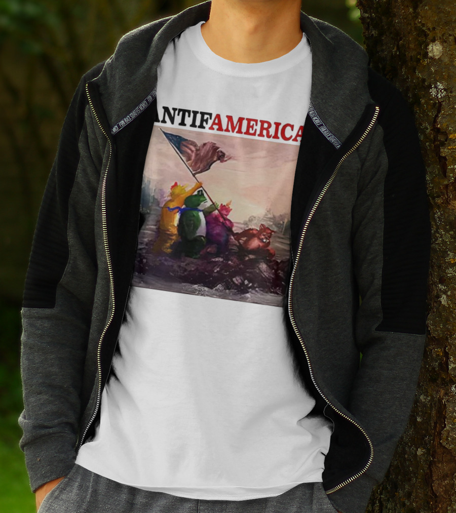 Antifamerica Portland Frog Parody Of Iconic Historical Scene With Bold Characters And Flag T-Shirt