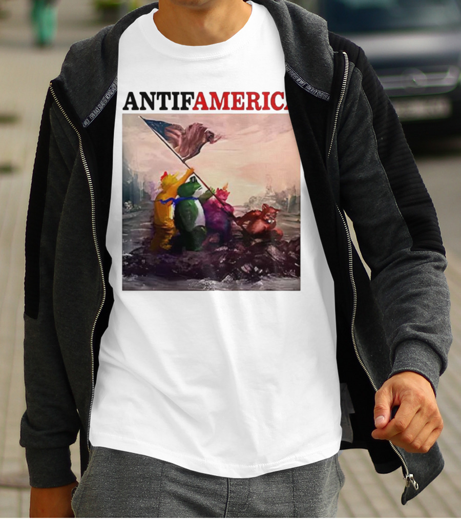 Antifamerica Portland Frog Parody Of Iconic Historical Scene With Bold Characters And Flag T-Shirt