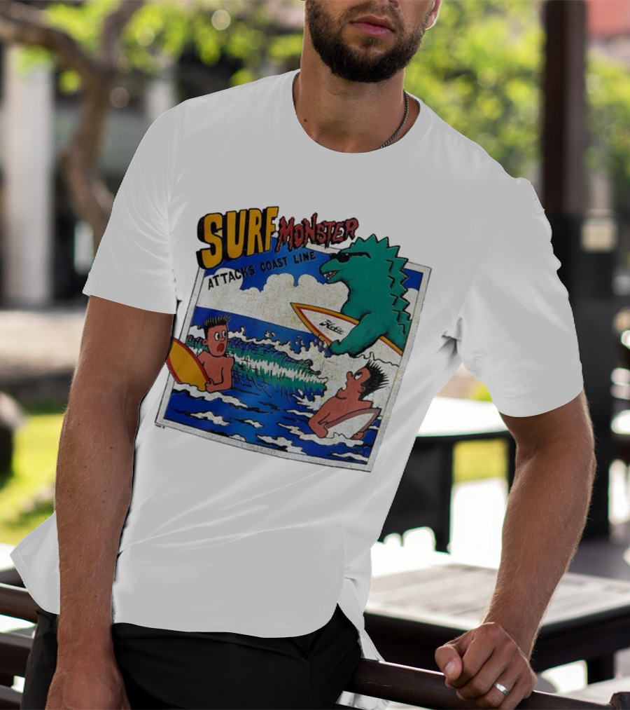 Surf Monster Attacks Coast Line Retro Comic Style Surfing Scene T-Shirt