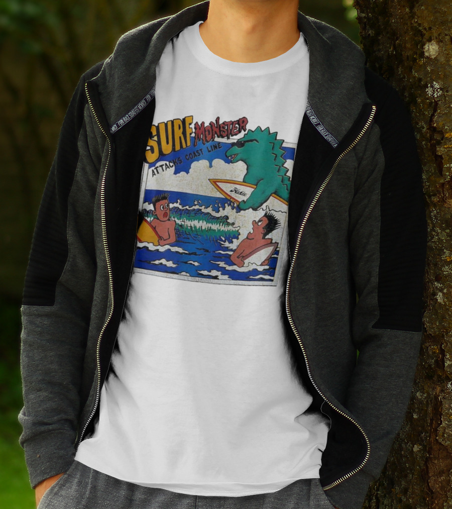 Surf Monster Attacks Coast Line Retro Comic Style Surfing Scene T-Shirt