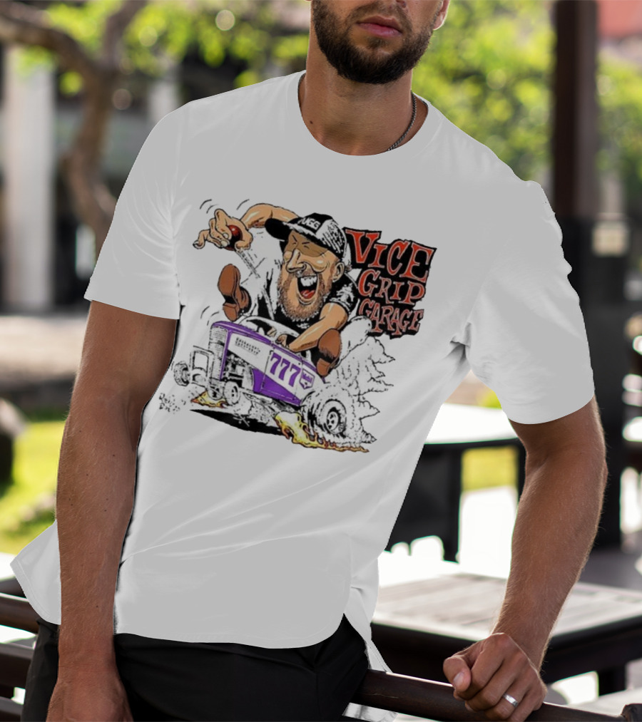 Vice Grip Garage 777 Cartoon Hot Rod Illustration With Bearded Driver And Smoking Tires T-Shirt