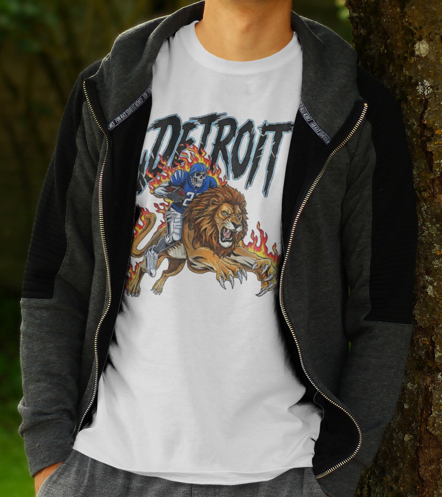 Detroit Lions Vintage Skeleton Riding Flaming Lion Football Game Day T-Shirt