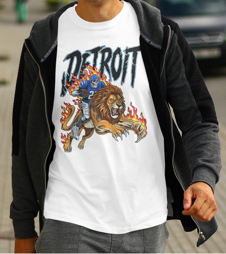 Detroit Lions Vintage Skeleton Riding Flaming Lion Football Game Day T-Shirt