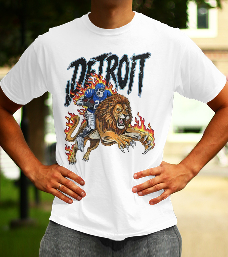 Detroit Lions Vintage Skeleton Riding Flaming Lion Football Game Day T-Shirt