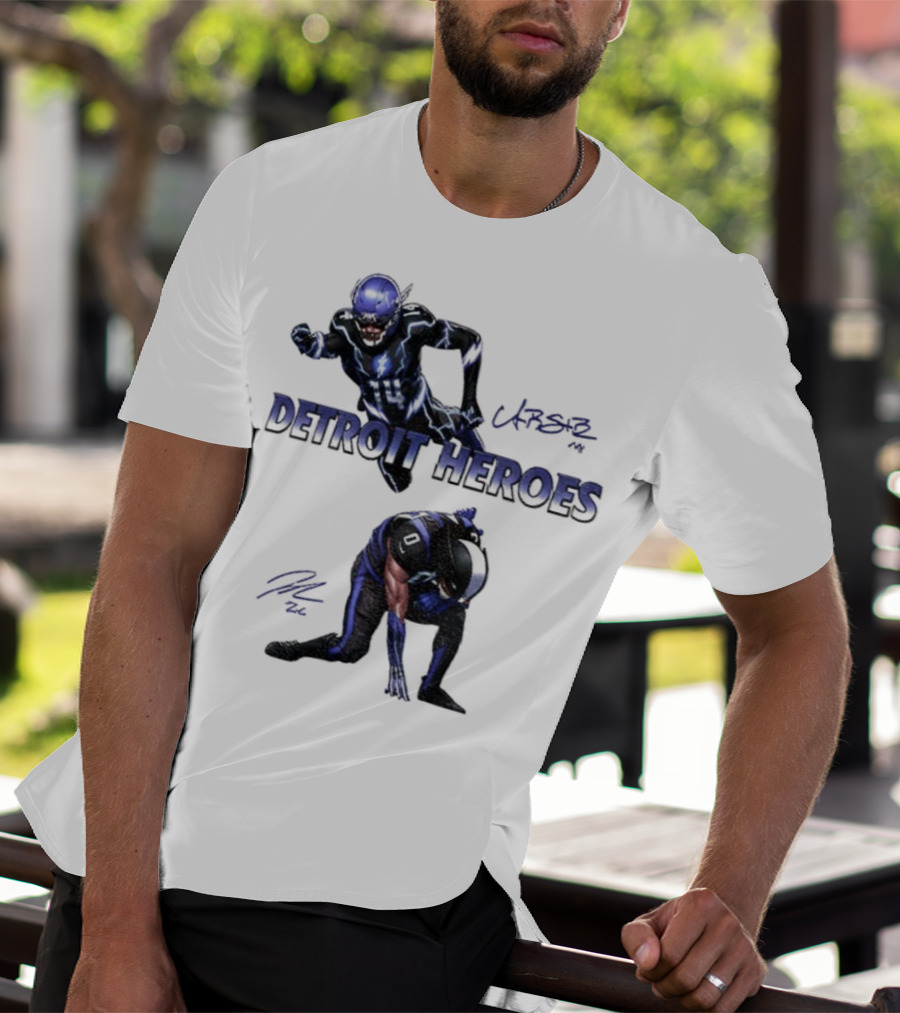 Jahmyr Gibbs Amon Ra St Brown Detroit Heroes 2025 Signature T-Shirt