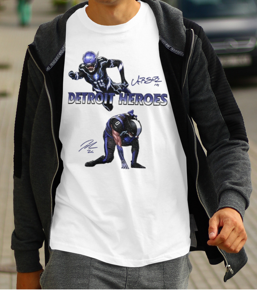 Jahmyr Gibbs Amon Ra St Brown Detroit Heroes 2025 Signature T-Shirt