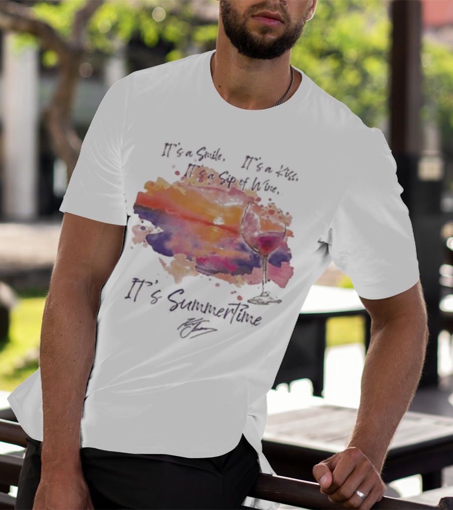 Kenny Chesney It's A Smile It's A Lie It's A Sip Of Wine It's Summertime Flowy Sunset Wine Glass T-Shirt