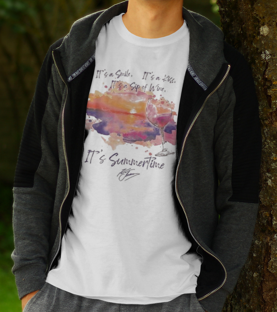 Kenny Chesney It's A Smile It's A Lie It's A Sip Of Wine It's Summertime Flowy Sunset Wine Glass T-Shirt