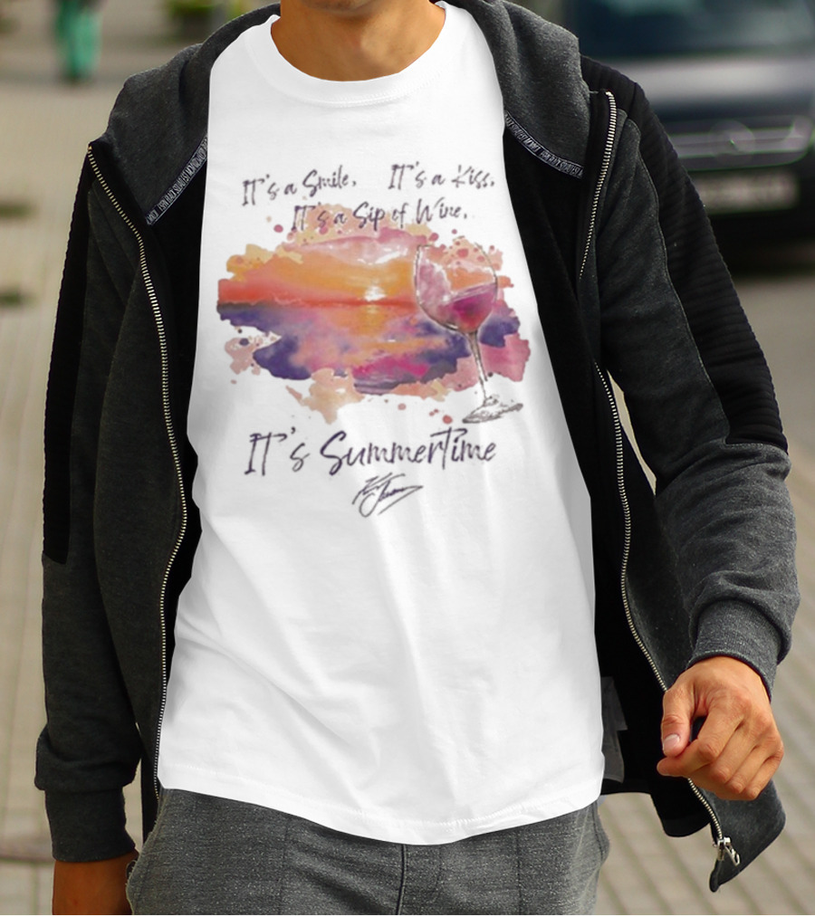 Kenny Chesney It's A Smile It's A Lie It's A Sip Of Wine It's Summertime Flowy Sunset Wine Glass T-Shirt
