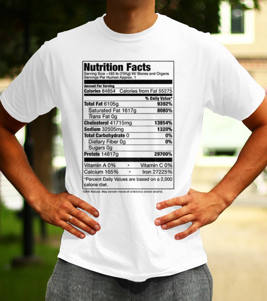 Nutrition Facts Serving Size 168 Lbs W Bones And Organs Calories Daily Value Percent پیbased On 2000 Calorie Diet T-Shirt