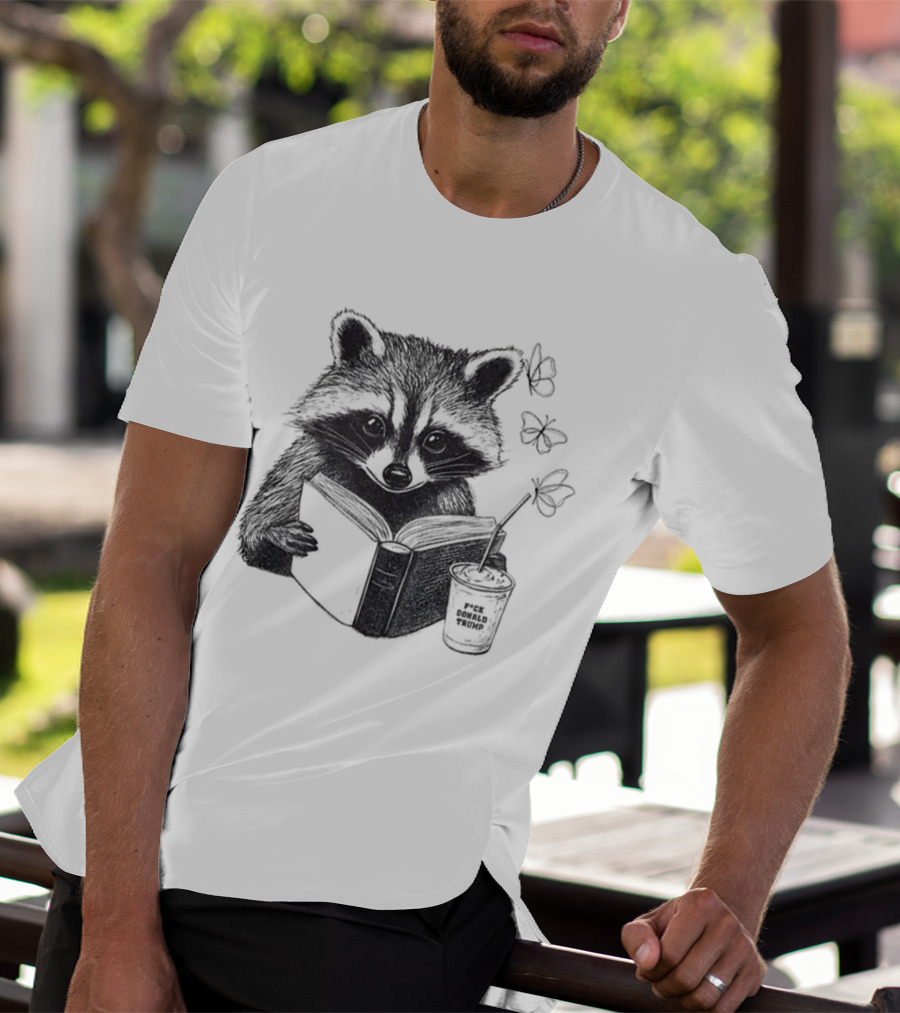 Raccoon Reading Book Coffee Cup Cozy Subtle Anti-Trump T-Shirt
