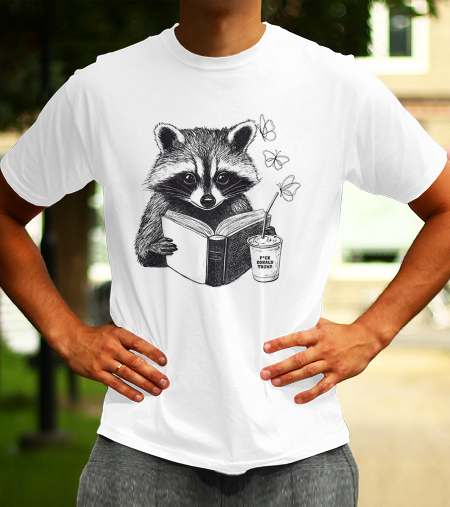 Raccoon Reading Book Coffee Cup Cozy Subtle Anti-Trump T-Shirt
