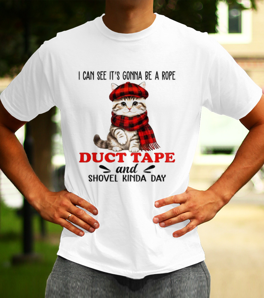 Cat In Red Plaid Hat Duct Tape Christmas T-Shirt