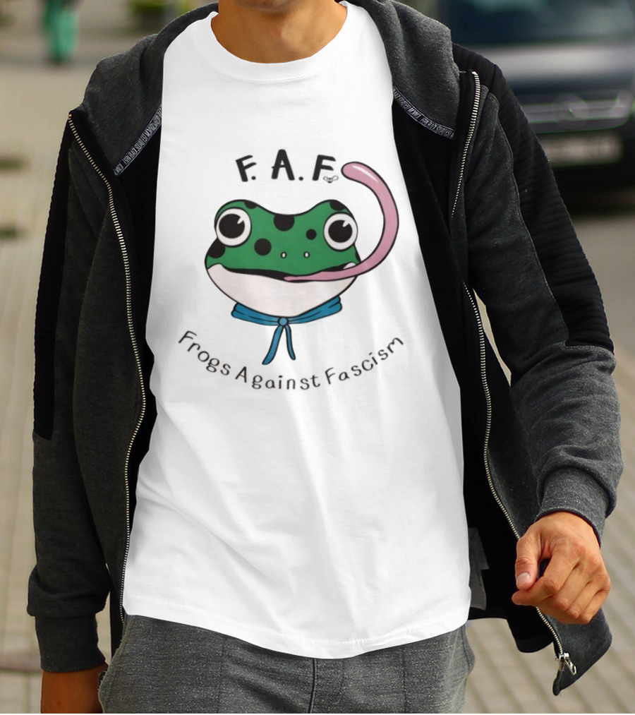 F.A.F Frogs Against Fascism Playful Green Frog With Tongue And Blue Scarf T-Shirt