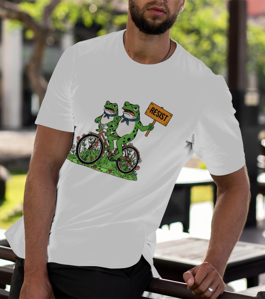 Frog On Bike Resist Protest Sign Portland Garden Scene T-Shirt