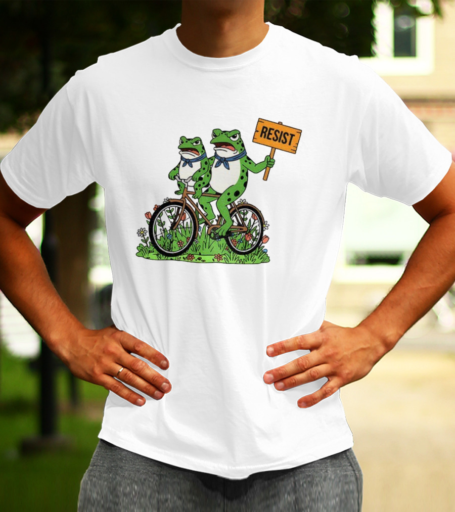 Frog On Bike Resist Protest Sign Portland Garden Scene T-Shirt
