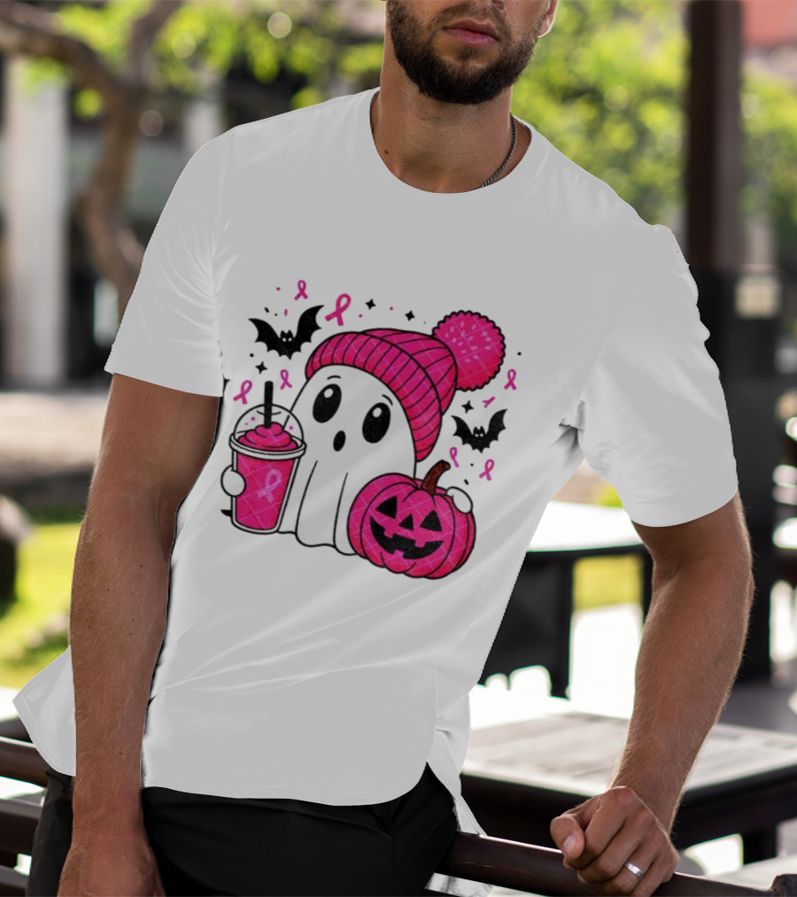 Spooky Ghost Pink Pumpkin Breast Cancer Awareness With Ribbon In October We Wear Pink T-Shirt