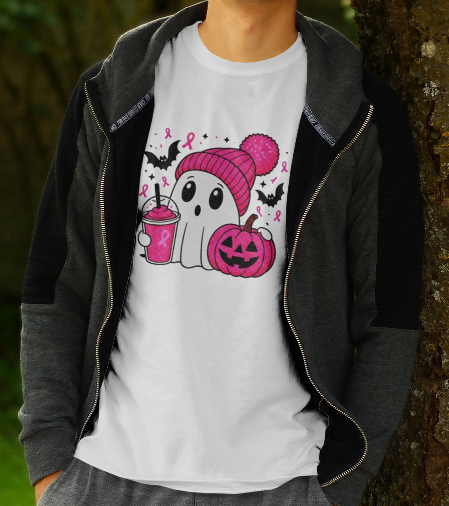Spooky Ghost Pink Pumpkin Breast Cancer Awareness With Ribbon In October We Wear Pink T-Shirt
