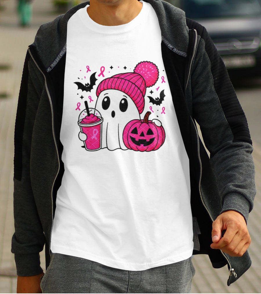 Spooky Ghost Pink Pumpkin Breast Cancer Awareness With Ribbon In October We Wear Pink T-Shirt
