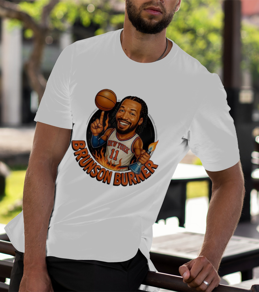 New York Knicks Brunson Burner Cartoon With Basketball And Flames T-Shirt