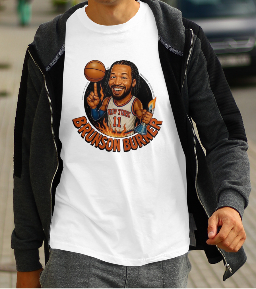 New York Knicks Brunson Burner Cartoon With Basketball And Flames T-Shirt