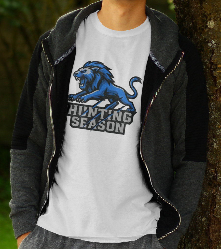 Detroit Lions Hunting Season Roaring Blue Lion NFL Fan Gear T-Shirt