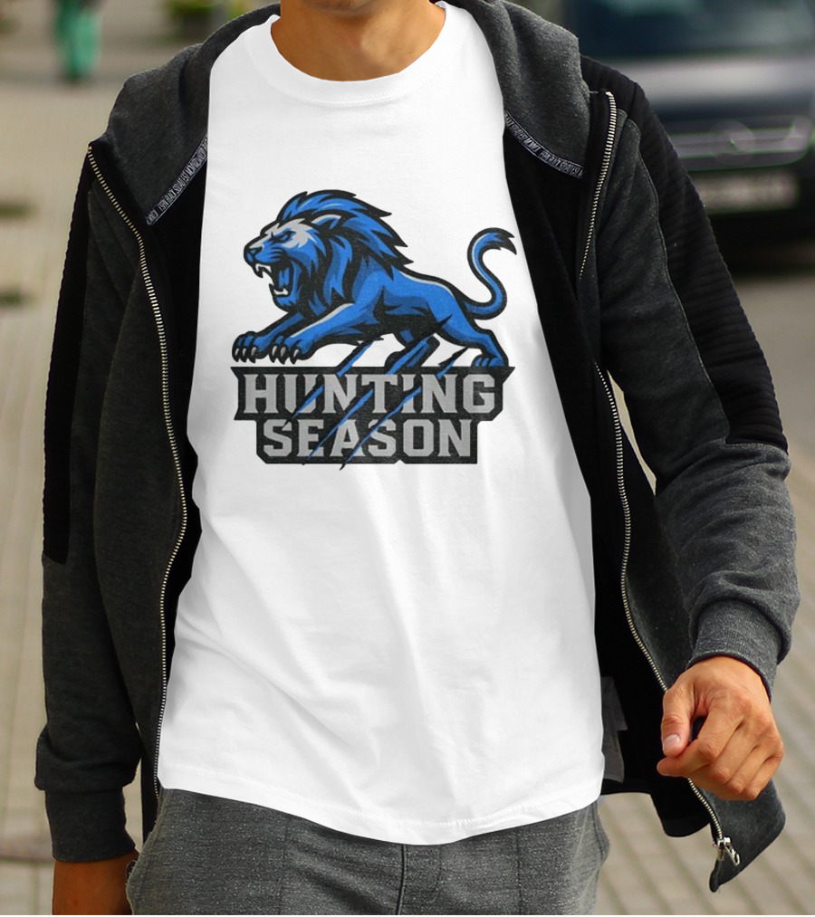Detroit Lions Hunting Season Roaring Blue Lion NFL Fan Gear T-Shirt