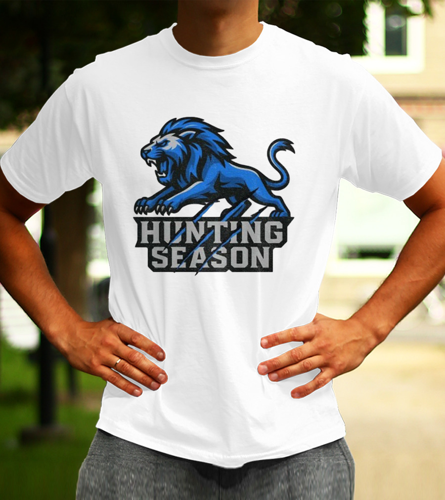 Detroit Lions Hunting Season Roaring Blue Lion NFL Fan Gear T-Shirt