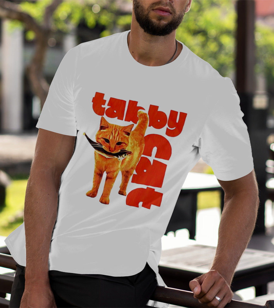 Tabby Cat Holding Fish Meme Retro Font T-Shirt