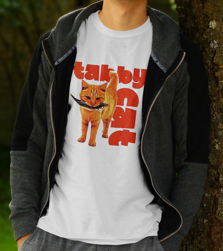 Tabby Cat Holding Fish Meme Retro Font T-Shirt