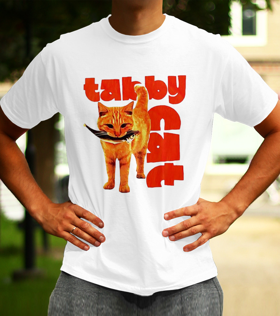 Tabby Cat Holding Fish Meme Retro Font T-Shirt