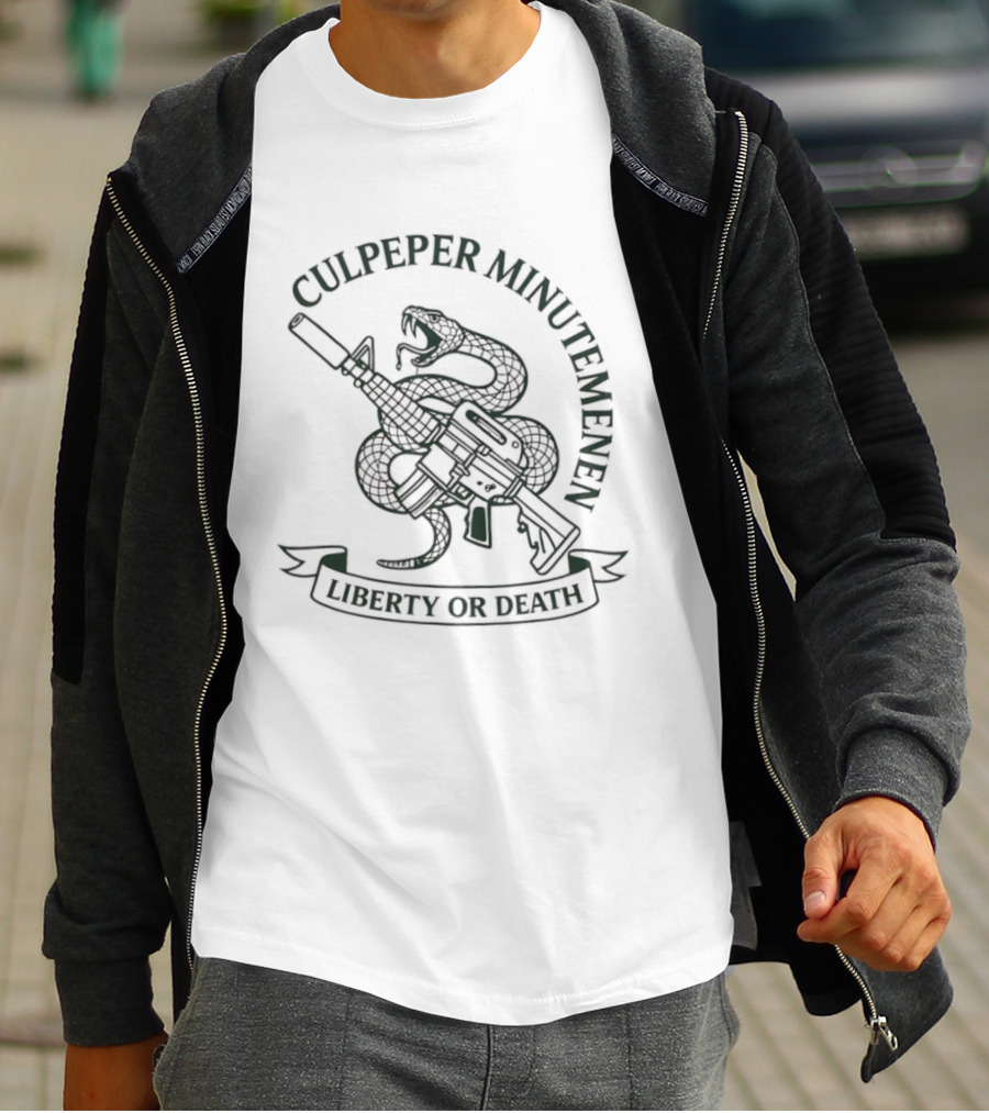 Culpeper Minutemen Liberty Or Death Rattlesnake And Rifle Emblem T-Shirt