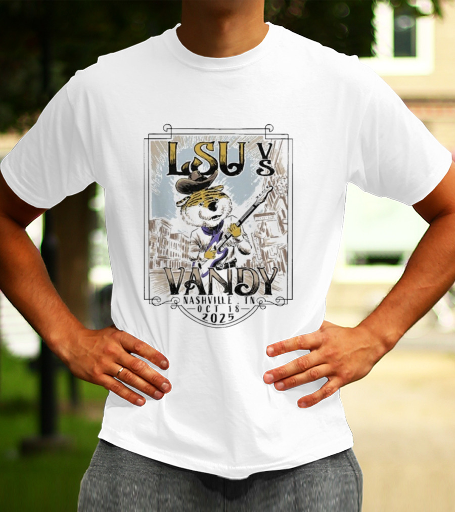 LSU Tigers Vs Vandy Vanderbilt Commodores Nashville TN Oct 18 2025 Mascot Guitar City Showdown T-Shirt