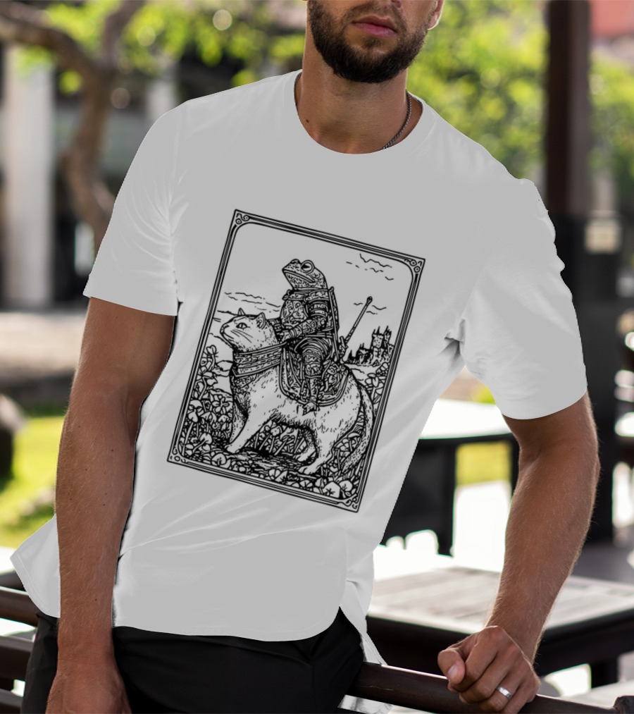 Medieval Frog Knight Riding A Cat In Armor Scene T-Shirt