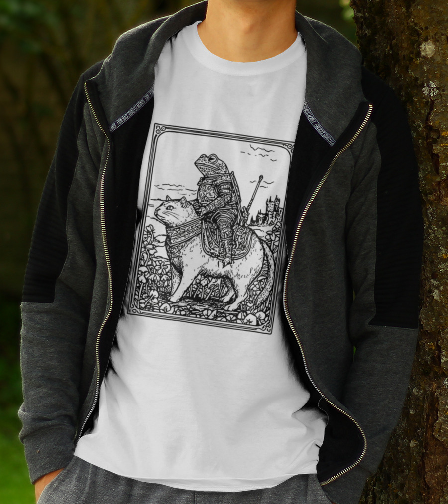 Medieval Frog Knight Riding A Cat In Armor Scene T-Shirt