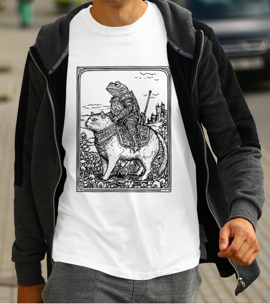 Medieval Frog Knight Riding A Cat In Armor Scene T-Shirt