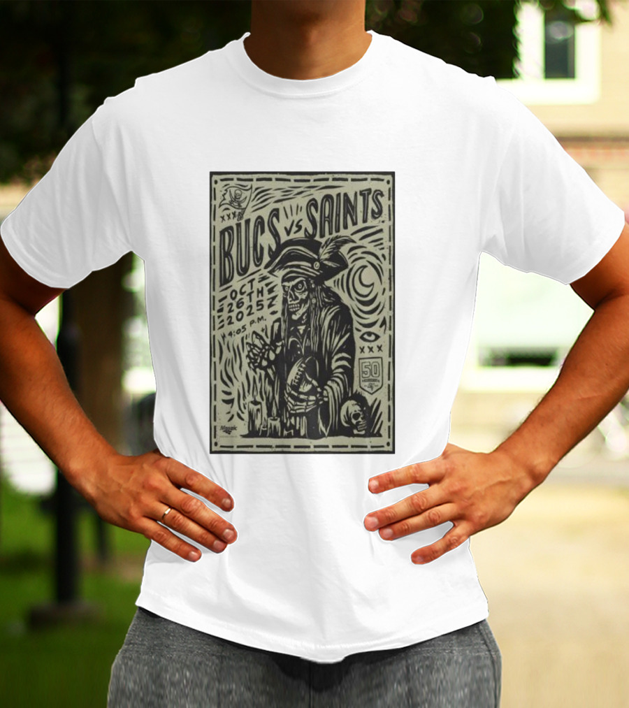 Bucs Vs Saints October 26 2025 4:05 P.M. 50 Seasons Pirate Skull Linocut T-Shirt