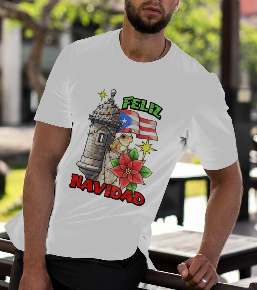 Puerto Rican Christmas Coqui Feliz Navidad Flag Poinsettia Lights T-Shirt