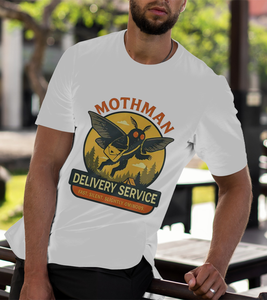 Mothman Delivery Service Fast Silent Slightly Ominous Retro Forest Imagery T-Shirt