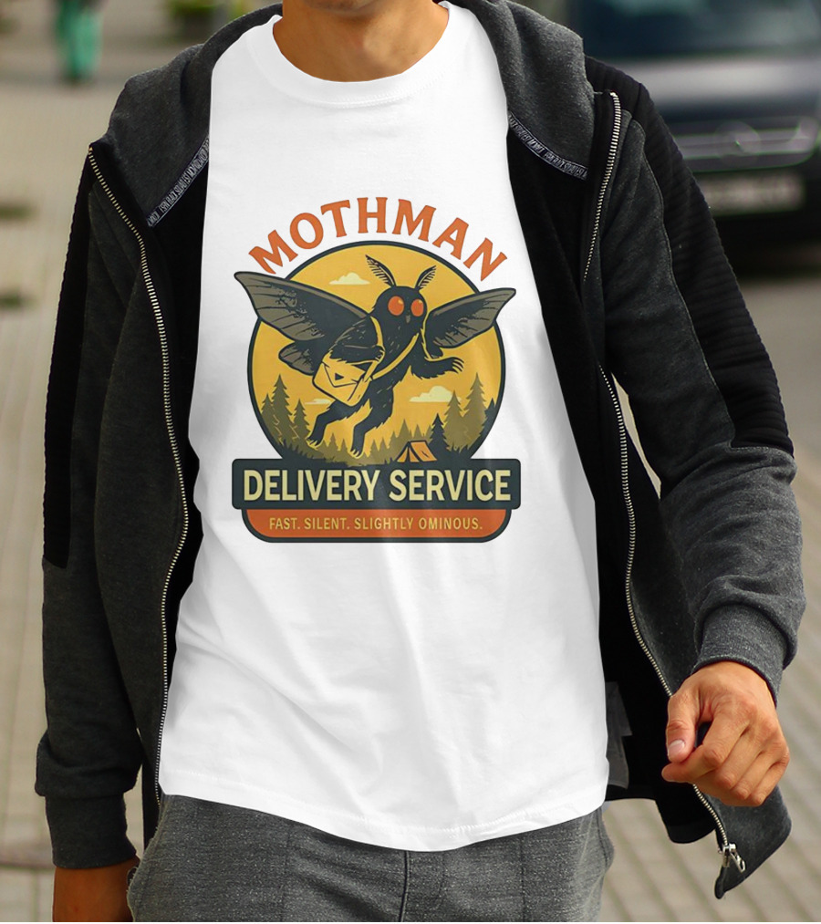 Mothman Delivery Service Fast Silent Slightly Ominous Retro Forest Imagery T-Shirt