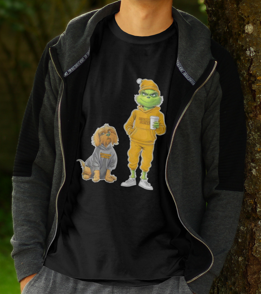 Pittsburgh Football Green Monster Grinch And Dog Christmas T-Shirt