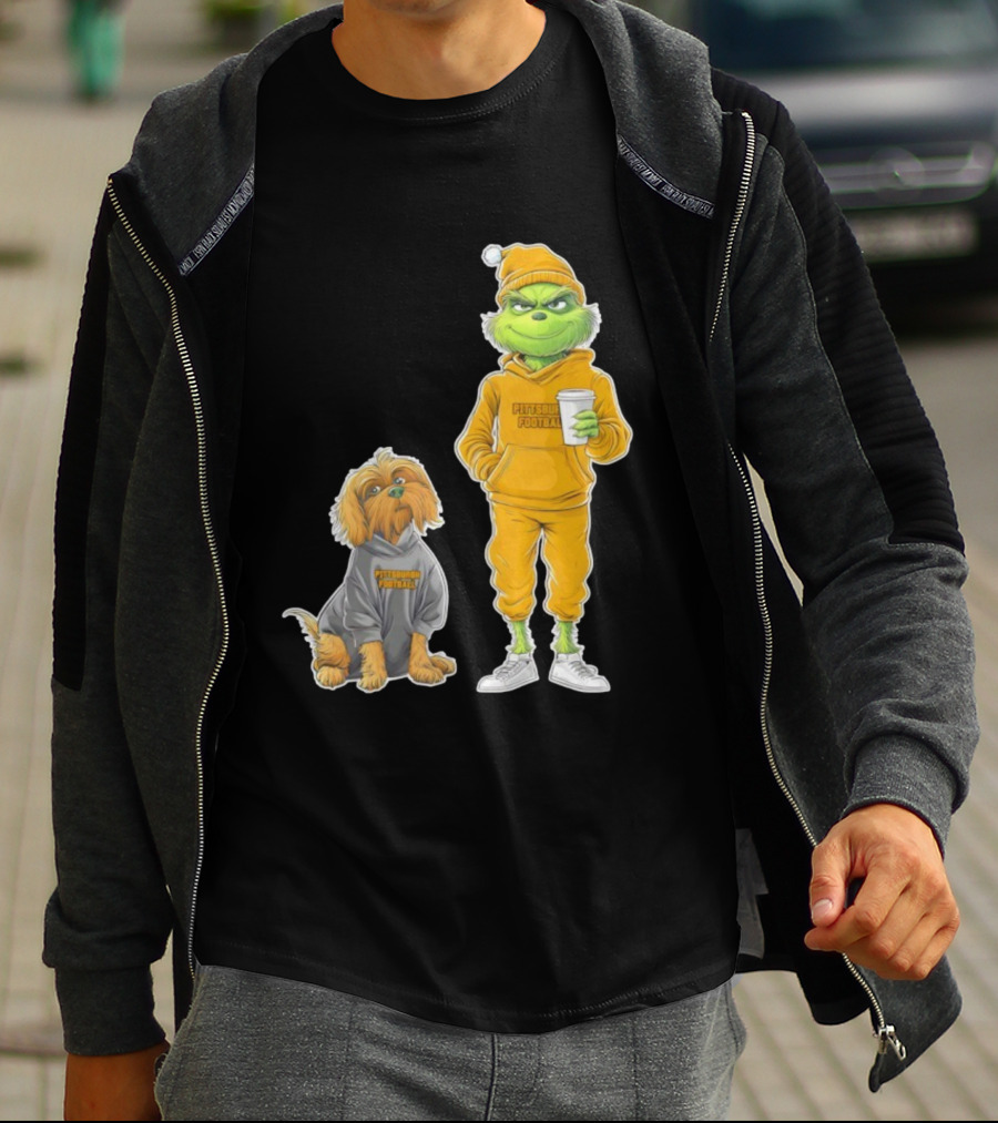 Pittsburgh Football Green Monster Grinch And Dog Christmas T-Shirt