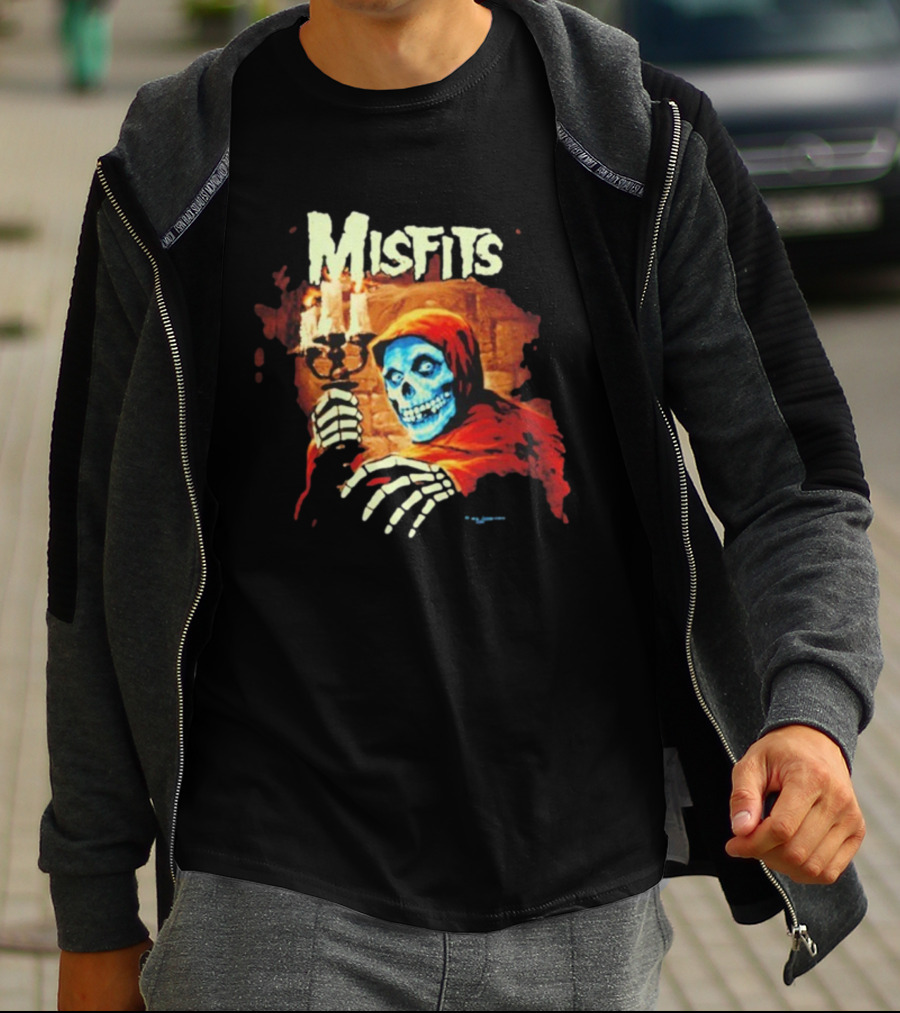 Misfits Candle Holding Skeleton In Red Hood T-Shirt