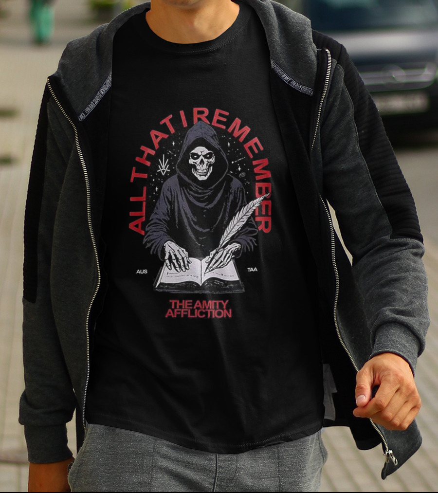 All That I Remember Skeleton Hooded Figure Writing The Amity Affliction T-Shirt