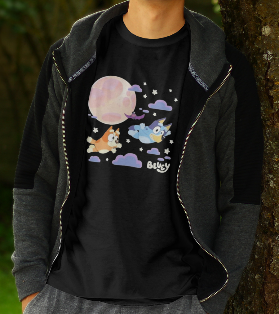 Bluey Sleepy Time Characters Flying With Moon And Stars T-Shirt