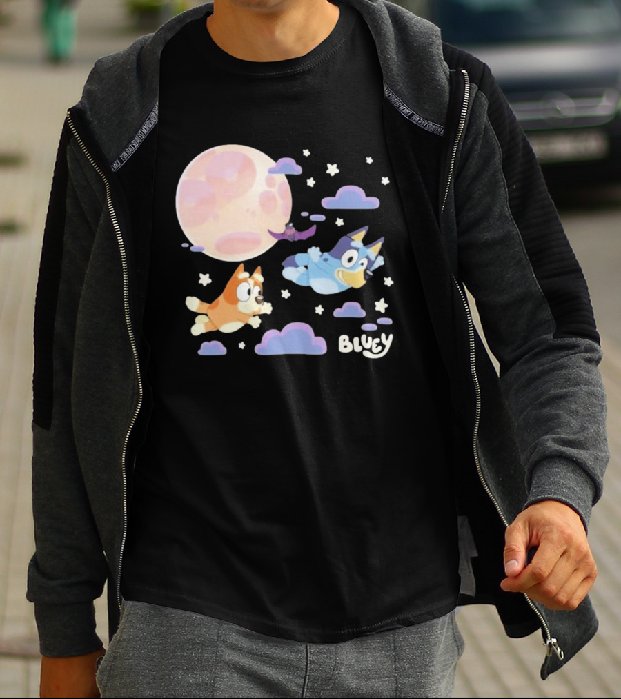 Bluey Sleepy Time Characters Flying With Moon And Stars T-Shirt